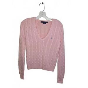 Ralph Lauren Sport Pink Cable Knit V-Neck Sweater, Size Small   CL 154